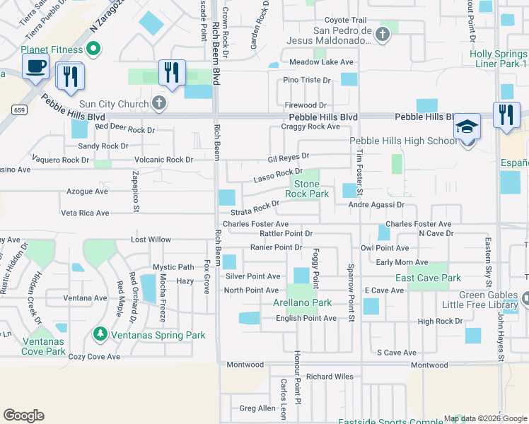 map of restaurants, bars, coffee shops, grocery stores, and more near 14209 Strata Rock Drive in El Paso