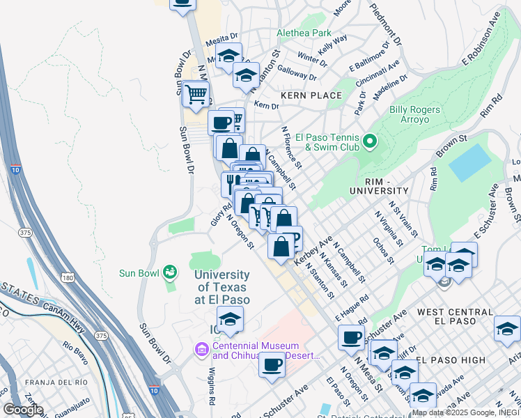 map of restaurants, bars, coffee shops, grocery stores, and more near 2708 North Mesa Street in El Paso