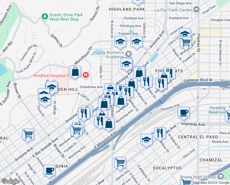 map of restaurants, bars, coffee shops, grocery stores, and more near 2004 Arizona Avenue in El Paso