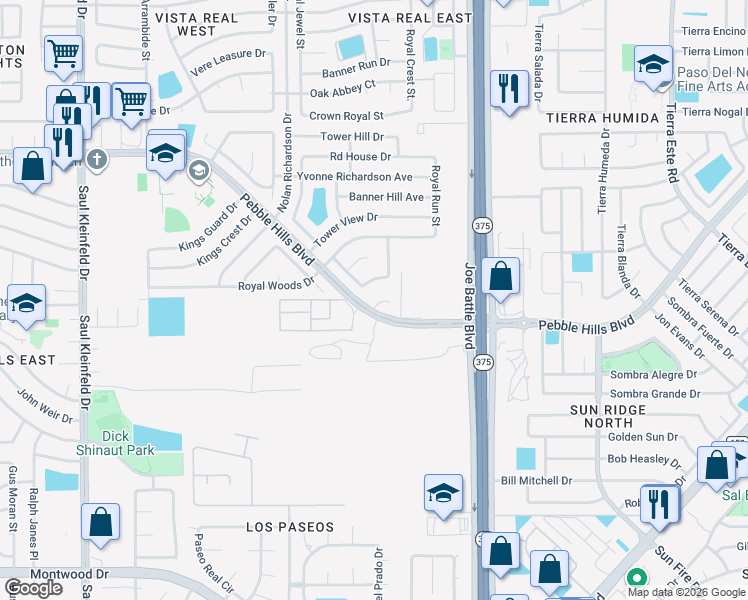 map of restaurants, bars, coffee shops, grocery stores, and more near 12105 Hunter Hill Way in El Paso