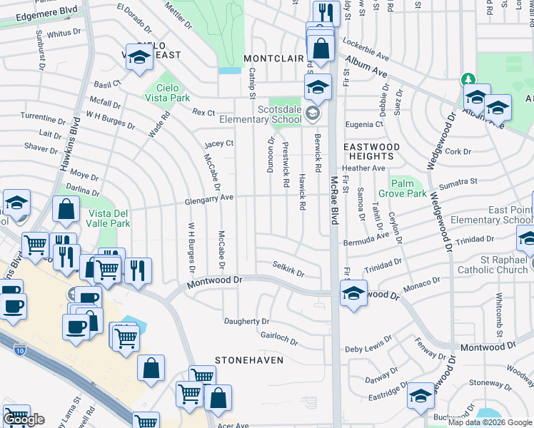 map of restaurants, bars, coffee shops, grocery stores, and more near 2640 Catnip Street in El Paso