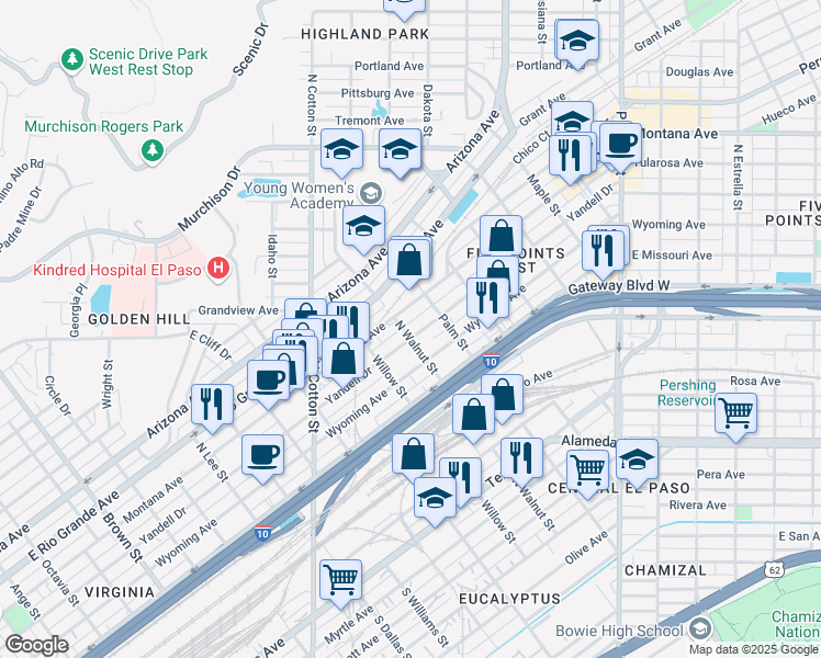 map of restaurants, bars, coffee shops, grocery stores, and more near 2200 Montana Avenue in El Paso