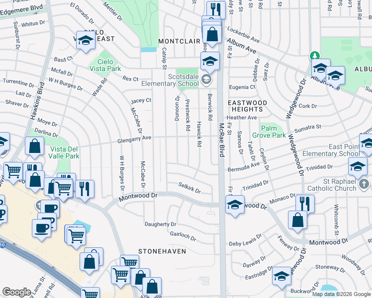 map of restaurants, bars, coffee shops, grocery stores, and more near 2633 Prestwick Road in El Paso