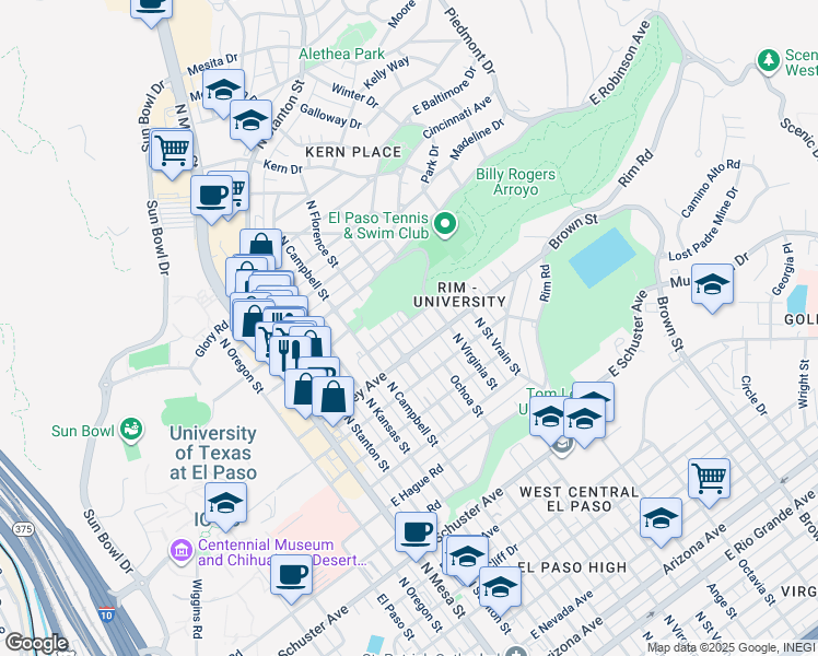 map of restaurants, bars, coffee shops, grocery stores, and more near 2317 Ochoa Street in El Paso