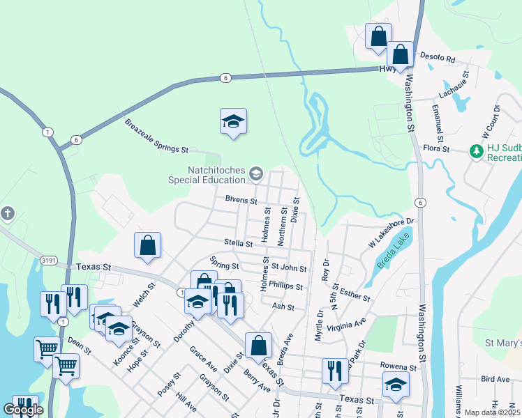 map of restaurants, bars, coffee shops, grocery stores, and more near 1401-1499 Bivens St in Natchitoches