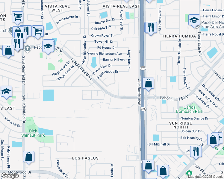 map of restaurants, bars, coffee shops, grocery stores, and more near 12109 Hunter Hill Way in El Paso