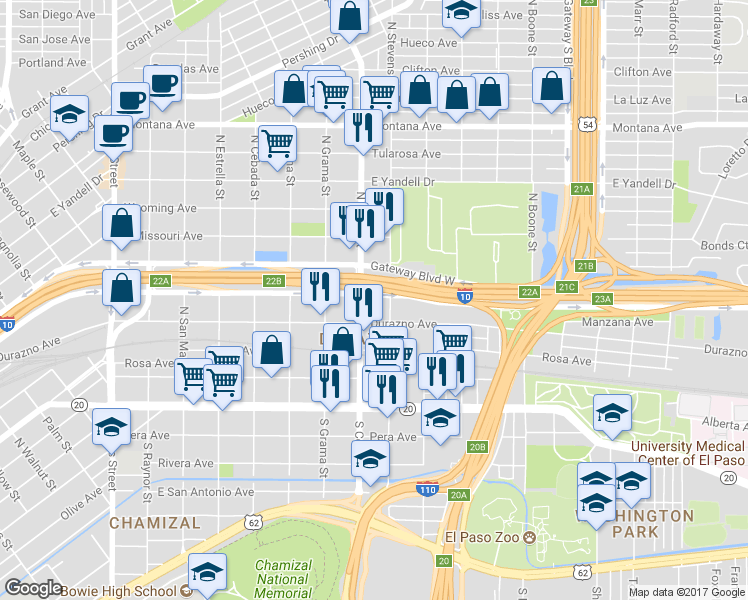 map of restaurants, bars, coffee shops, grocery stores, and more near 3614 Gateway Boulevard East in El Paso