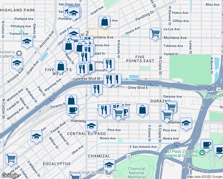 map of restaurants, bars, coffee shops, grocery stores, and more near 3108 Gateway Boulevard East in El Paso