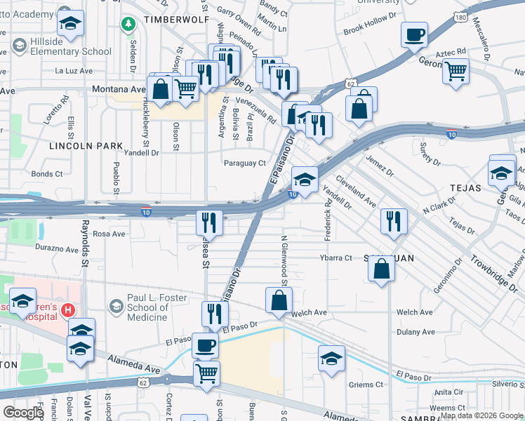 map of restaurants, bars, coffee shops, grocery stores, and more near 180 East Paisano Drive in El Paso