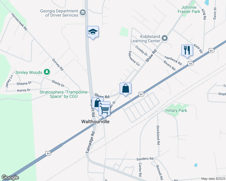 map of restaurants, bars, coffee shops, grocery stores, and more near 78 Sagittarius Lane in Hinesville
