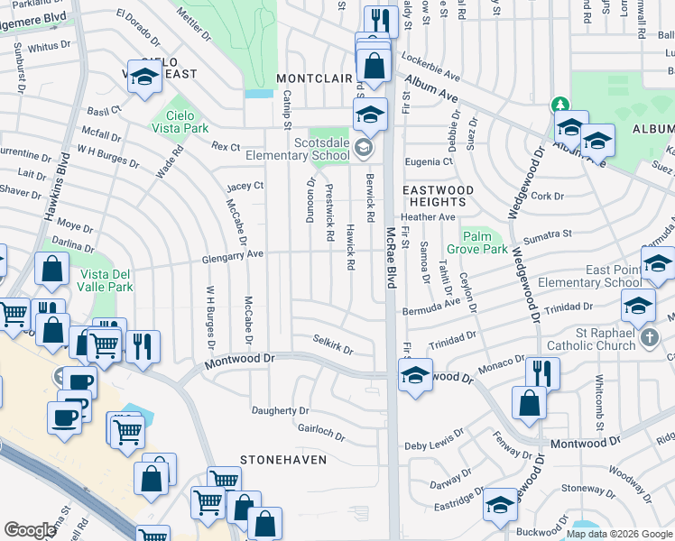 map of restaurants, bars, coffee shops, grocery stores, and more near 2641 Prestwick Road in El Paso