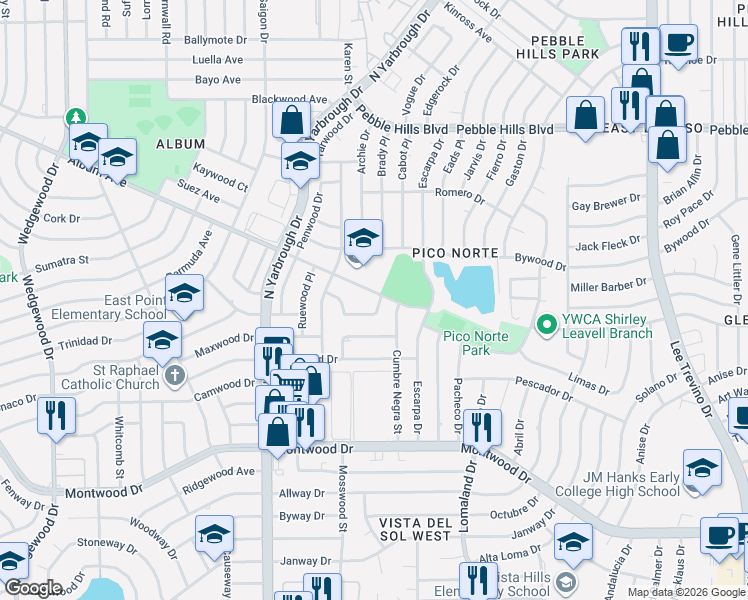 map of restaurants, bars, coffee shops, grocery stores, and more near 10520 Album Avenue in El Paso
