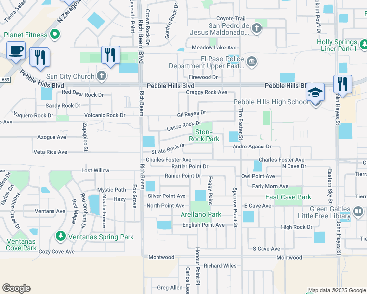 map of restaurants, bars, coffee shops, grocery stores, and more near 14200 Strata Rock Drive in El Paso