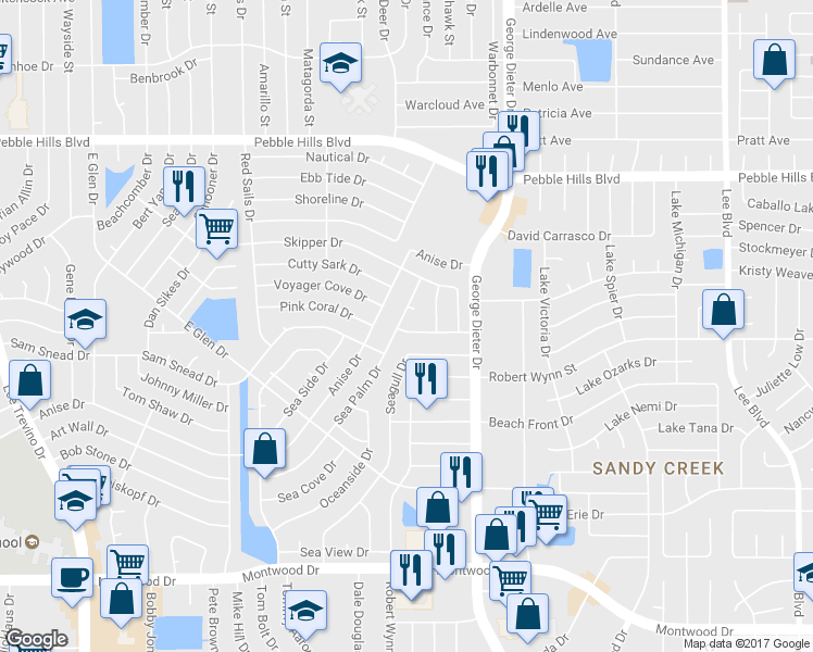 map of restaurants, bars, coffee shops, grocery stores, and more near 2500 Sea Palm Drive in El Paso