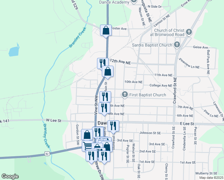 map of restaurants, bars, coffee shops, grocery stores, and more near 193 9th Avenue Northeast in Dawson