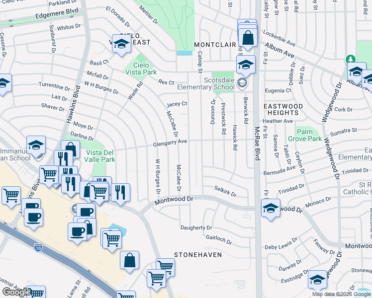 map of restaurants, bars, coffee shops, grocery stores, and more near 1365 Backus Street in El Paso