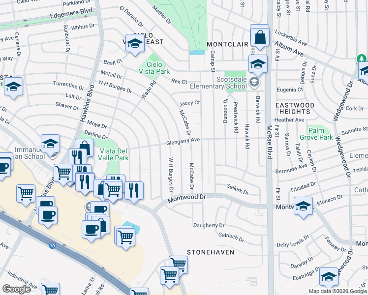 map of restaurants, bars, coffee shops, grocery stores, and more near 9253 Mcfall Drive in El Paso