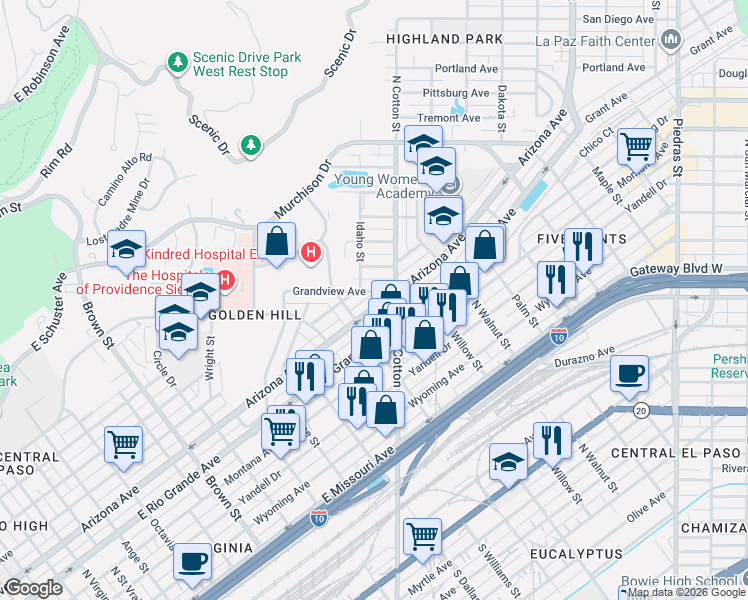 map of restaurants, bars, coffee shops, grocery stores, and more near 1927 Arizona Avenue in El Paso