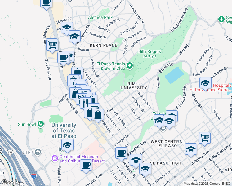map of restaurants, bars, coffee shops, grocery stores, and more near 2317 Ochoa Street in El Paso