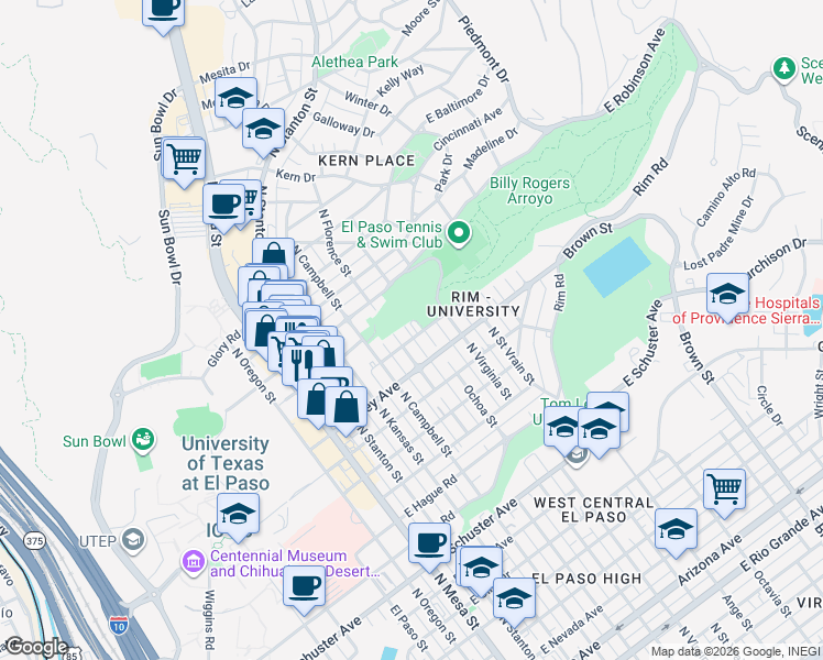 map of restaurants, bars, coffee shops, grocery stores, and more near 2317 Ochoa Street in El Paso