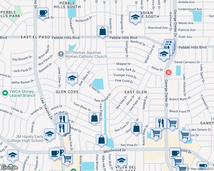 map of restaurants, bars, coffee shops, grocery stores, and more near 2425 Red Sails Drive in El Paso