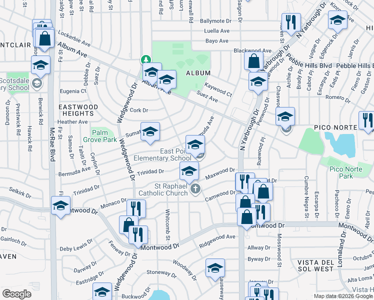 map of restaurants, bars, coffee shops, grocery stores, and more near 10211 Saigon Drive in El Paso