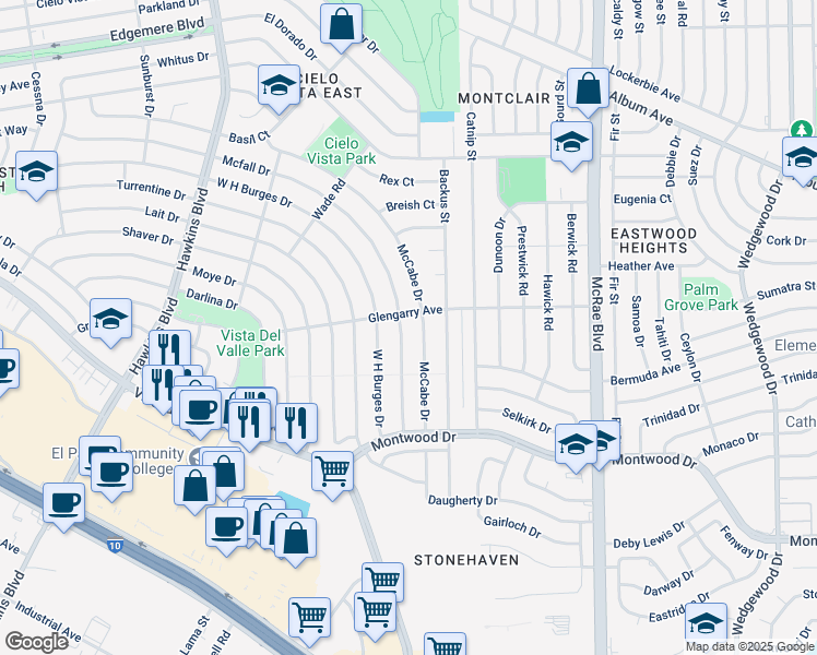 map of restaurants, bars, coffee shops, grocery stores, and more near 9253 Mcfall Drive in El Paso