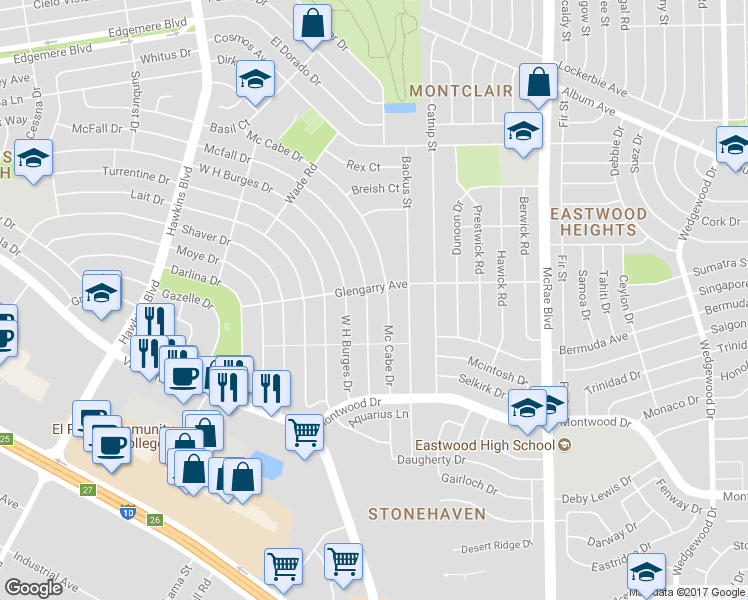 map of restaurants, bars, coffee shops, grocery stores, and more near 9253 Mcfall Drive in El Paso