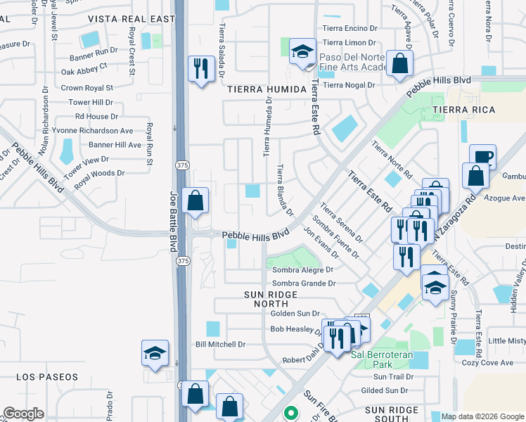map of restaurants, bars, coffee shops, grocery stores, and more near 2259 Tierra Humeda Dr in El Paso
