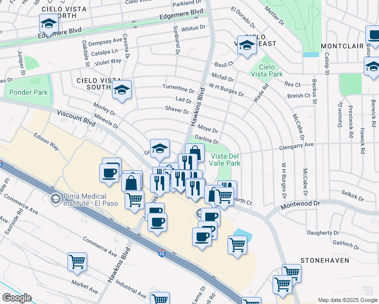 map of restaurants, bars, coffee shops, grocery stores, and more near 1280 Hawkins Boulevard in El Paso