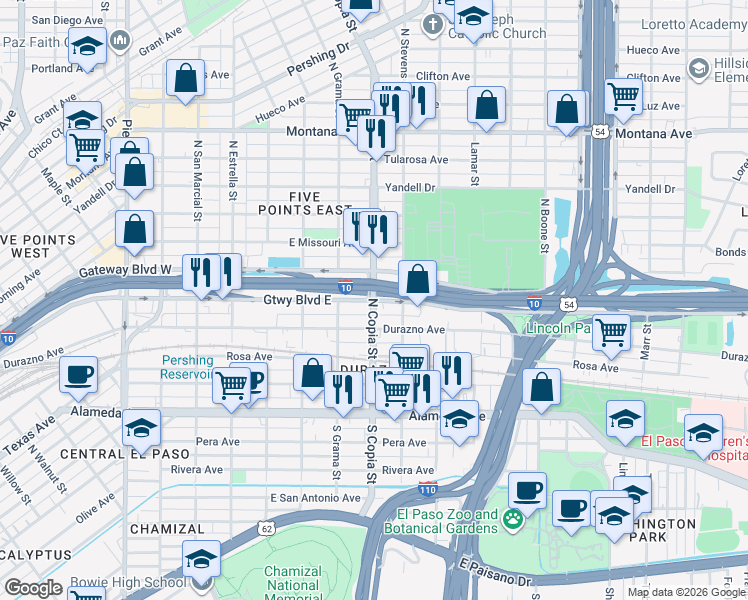 map of restaurants, bars, coffee shops, grocery stores, and more near 3601 Gateway Blvd E in El Paso