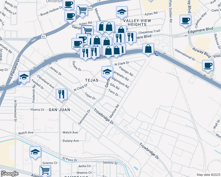 map of restaurants, bars, coffee shops, grocery stores, and more near 6209 Taos Drive in El Paso