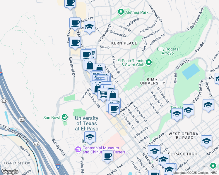 map of restaurants, bars, coffee shops, grocery stores, and more near 2611 North Kansas Street in El Paso