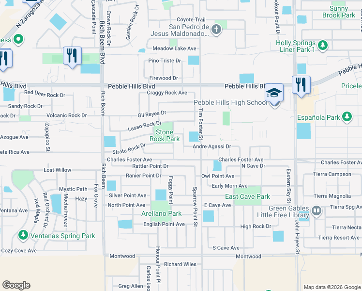 map of restaurants, bars, coffee shops, grocery stores, and more near 2625 Snowy Rock Place in El Paso