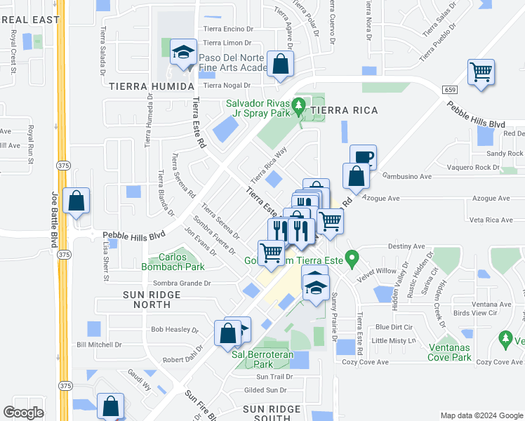 map of restaurants, bars, coffee shops, grocery stores, and more near 2256 Tierra De Paz Way in El Paso