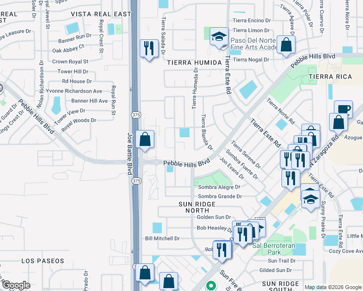 map of restaurants, bars, coffee shops, grocery stores, and more near 2253 Hannah Leigh Street in El Paso