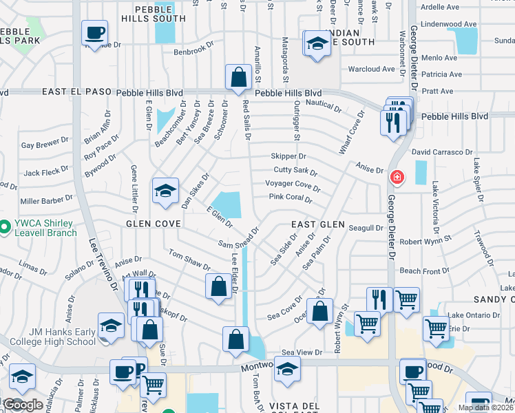 map of restaurants, bars, coffee shops, grocery stores, and more near 2425 Red Sails Drive in El Paso