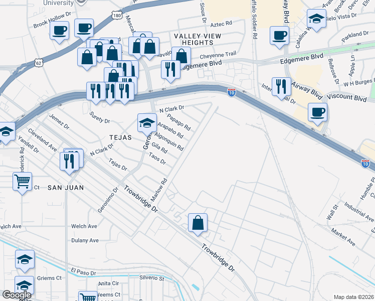 map of restaurants, bars, coffee shops, grocery stores, and more near 1012 Marlow Road in El Paso