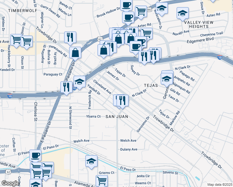 map of restaurants, bars, coffee shops, grocery stores, and more near 6011 Cleveland Avenue in El Paso