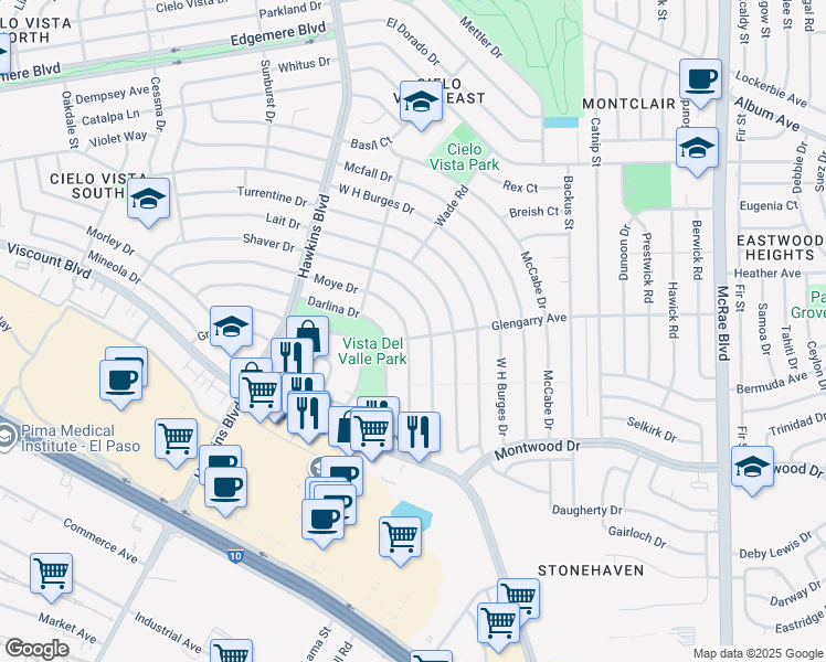 map of restaurants, bars, coffee shops, grocery stores, and more near 9117 Moye Drive in El Paso