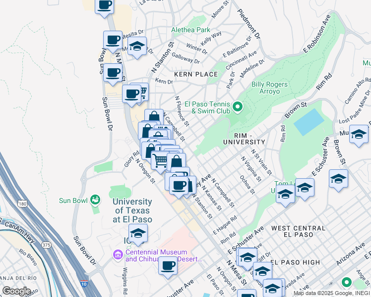 map of restaurants, bars, coffee shops, grocery stores, and more near 444 East Robinson Avenue in El Paso