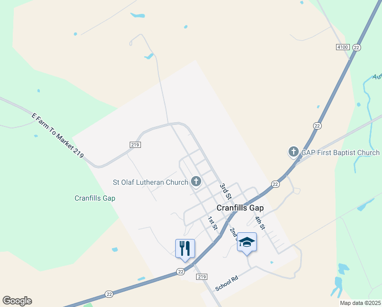 map of restaurants, bars, coffee shops, grocery stores, and more near 709 2nd Street in Cranfills Gap
