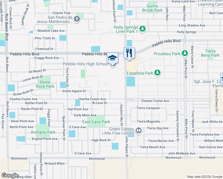 map of restaurants, bars, coffee shops, grocery stores, and more near 2628 Michael Chang Place in El Paso