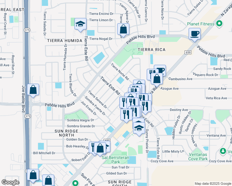 map of restaurants, bars, coffee shops, grocery stores, and more near 2260 Tierra De Paz Way in El Paso