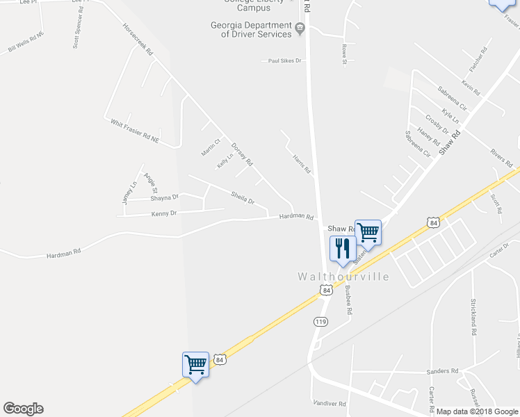 map of restaurants, bars, coffee shops, grocery stores, and more near 52 Sheila Drive in Hinesville