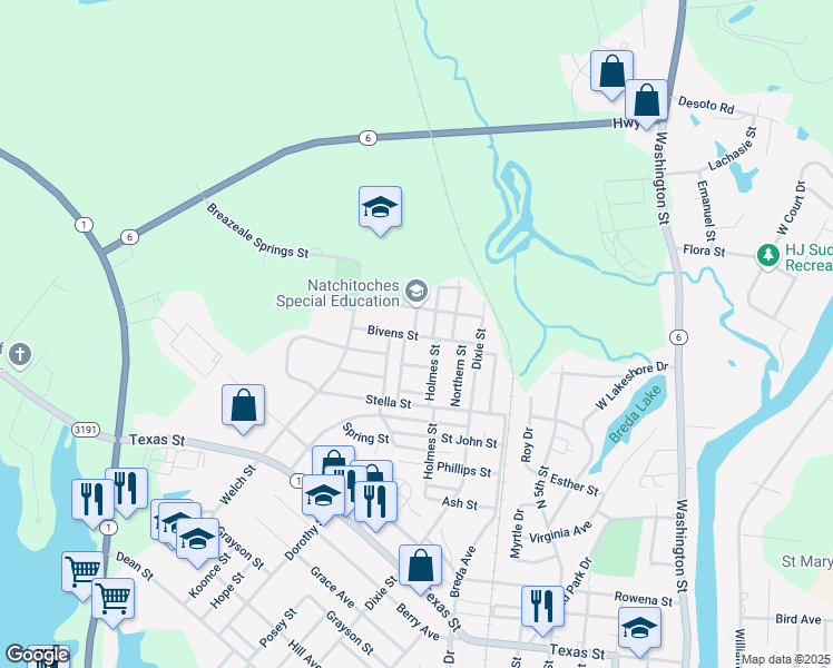 map of restaurants, bars, coffee shops, grocery stores, and more near 1499 Bivens St in Natchitoches