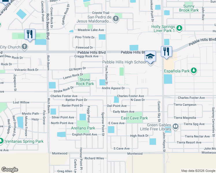 map of restaurants, bars, coffee shops, grocery stores, and more near 2620 Falling Rock Place in El Paso