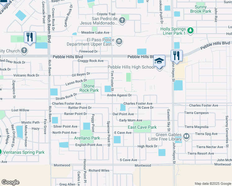 map of restaurants, bars, coffee shops, grocery stores, and more near 14305 Andre Agassi Drive in El Paso