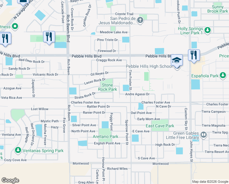 map of restaurants, bars, coffee shops, grocery stores, and more near 2625 Snowy Rock Place in El Paso