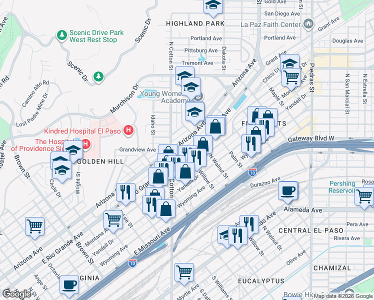 map of restaurants, bars, coffee shops, grocery stores, and more near 2101 Grant Avenue in El Paso